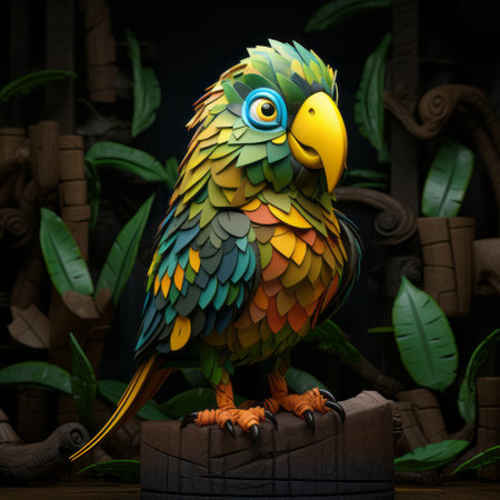 a hyper-realistic parrot figurine with yellow eyes is showcased against a striking black background. this artwork, influenced by the style of filip hodas, features vibrant color gradients reminiscent of maurice sendak's work. the figurine also incorporates a touch of grotesque character inspired by patrick dougherty, further enhanced through digital manipulation. ai generatedの素材