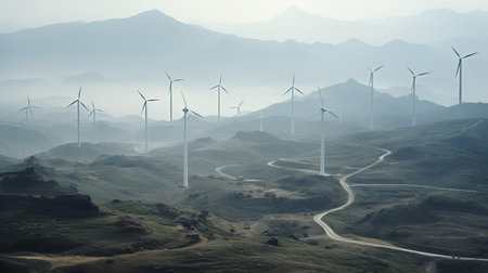 a remote wind farm perched atop rugged hills, captured on kodachrome 35mm film. the towering turbines pierce through low-lying clouds, their blades whirling relentlessly against a stormy backdrop. a grim, yet resilient picture of renewable energy in action, showcasing the power of wind turbines in a remote oasis. ai generatedの素材
