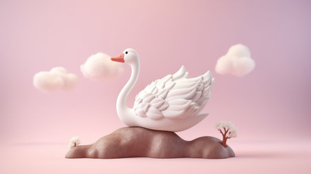 a swan gracefully glides on a vibrant pink background in this 3d rendered illustration. inspired by the style of yanjun cheng, the artwork showcases detailed landscapes, miniature sculptures, and childlike illustrations. the sculpted forms and playful compositions create a whimsical atmosphere, while the realistic landscapes feature soft, tonal colors. ai generatedの素材
