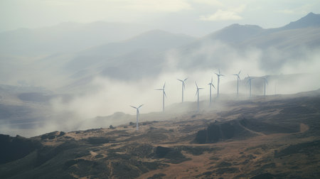 a cliff shot of a remote wind farm on rugged hills, captured on kodachrome 35mm film. the towering turbines pierce through low-lying clouds, their blades whirling relentlessly against a stormy backdrop. this image showcases the resilience of renewable energy in action, merging nature, technology, and sustainability. ai generatedの素材