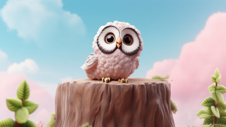 a cartoon owl perches on a vacant stump, showcasing a realistic landscape with soft, tonal colors. the artwork, created in cinema4d, resembles children's book illustrations by kevin hill. the playful caricature of the owl adds a touch of whimsy to the scene. ai generatedの素材