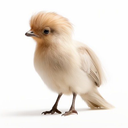 a cute bird stands sideways against a white background in this explosive pigmentation style photograph. captured in the artistic manner of national geographic, the image showcases furry art with a color palette of beige and amber. the composition exudes subversive appropriation and bold colorism, while maintaining a minimal retouching approach. ai generatedの素材