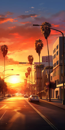palm trees sway gracefully in the background of this photorealistic cityscape, showcasing richly colored skies in shades of crimson and amber. the xbox 360 graphics bring this scene to life, resembling editorial illustrations with a touch of california plein air. the use of vray enhances the vibrant and realistic depiction of this captivating urban landscape. ai generatedの素材