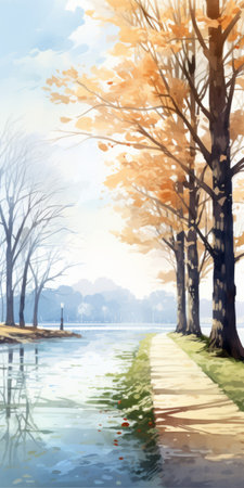 the photo showcases a serene river in the autumn season, with vibrant fall colors reflecting on the water. the hd image captures the beauty of winter weather approaching, creating a realistic yet romantic atmosphere. the digital illustration style, influenced by manga, features flat shading and tranquil scenes reminiscent of jan van goyen's artwork. ai generatedの素材