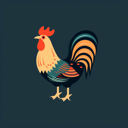 a rooster with stripes, a beloved creature in chinese folk culture, is depicted in a vibrant graphic design-inspired illustration. the dark sky-blue and light orange color scheme adds a unique touch to the playful character design. the dark gray and light emerald hues, along with americana iconography, create a visually striking composition. gouache techniques are used to enhance the light gold and red accents, resultingの素材