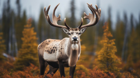 a captivating photo of canadian caribou amidst a bokeh-filled background, showcasing the beauty of these majestic creatures. the overcast weather adds a perfect touch to the lighting, enhancing the overall atmosphere of the image. capture all the intricate details by aiming for a high resolution of at least 32k. ai generatedの素材