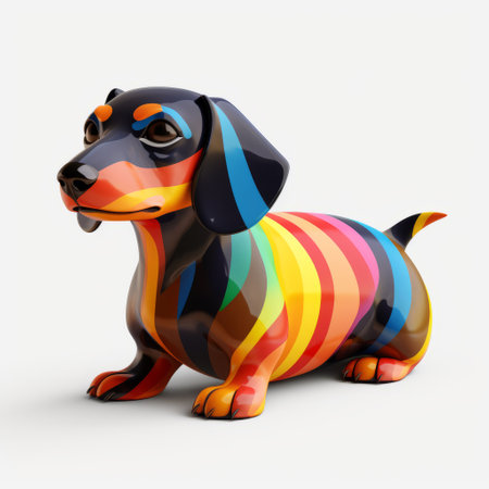 a dachshund sculpture showcasing vibrant and colorful art, created using vray tracing techniques. the sculpture features striped patterns and digitally enhanced details, resulting in charming and visually appealing characters. the loose paint application adds a touch of artistic flair, while the chromatic purity of the colors enhances the simplicity and vibrancy of the illustrations. ai generatedの素材