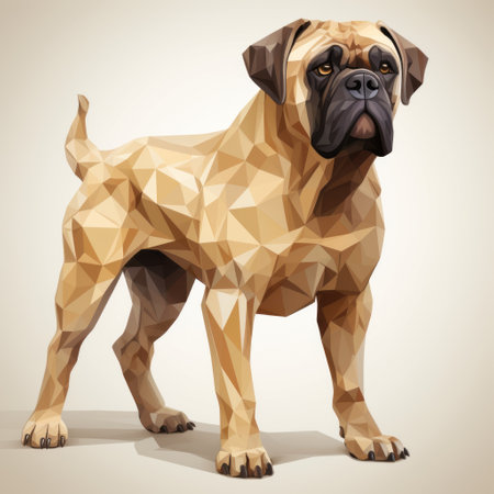 a low poly dog vector illustration in a cartoon style, featuring realistic and hyper-detailed renderings. the color palette includes dark beige and light amber tones. the artwork is digitally enhanced, showcasing geometric structures reminiscent of byzantine art. the illustration also incorporates realistic renderings of the human form, with a touch of paper texture. ai generatedの素材