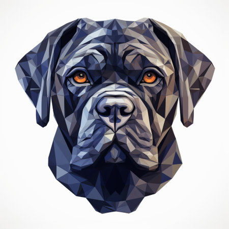 a polygonal black dog character is depicted on a white background in this artwork. the style of the piece combines light indigo and dark amber tones, creating a realistic yet impressionistic effect. the colors used include light silver and navy, adding depth to the composition. the painting features a hard edge technique, resulting in a mosaic-like appearance. the overall effect is one of harsh realism,の素材