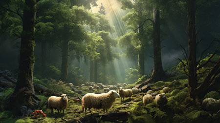 a sheep stands amidst a wooded area, basking in the warm glow of bright sunlight filtering through the trees. this captivating photo, reminiscent of oliver wetter's style, captures a sense of biblical drama and showcases the beauty of nature. with its lush landscape background, this national geographic-worthy image evokes the artistic touch of kerem beyit. ai generatedの素材