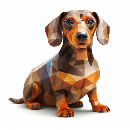 a cartoon-style dachshund with triangular eyes sits on a white background. this mosaic-inspired, digitally enhanced artwork showcases multifaceted geometry and the use of zbrush software. the full-body depiction of the dachshund is captured with iso 200 settings, and the style is reminiscent of peter saville's artistic approach. ai generatedの素材