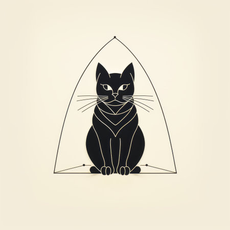 black cat silhouette abstract geometric symbol on white background, inspired by the styles of ed piskor, medieval art, and victorian illustrations. this artwork features sharp perspective angles, symmetric compositions, and a touch of david hammons' influence, reminiscent of mid-century illustrations. ai generatedの素材