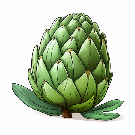 a whimsical caricature-style illustration of an artichoke and green bean with leaf, isolated on a white background. this 2d game art is reminiscent of the lively illustrations by marianne north, featuring innovative page design and elements of sgraffito. ai generatedの素材