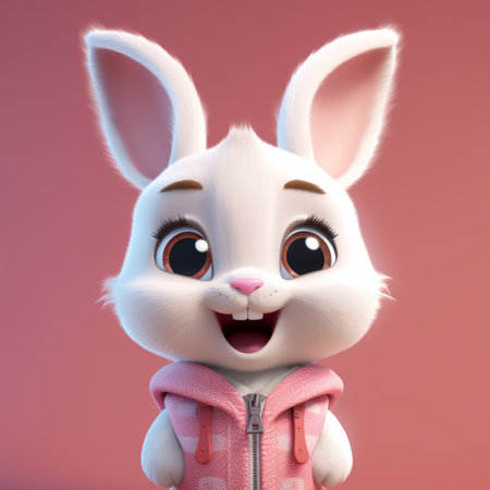 a cute cartoon brown bunny wearing a pink suit is depicted in this 3d illustration. rendered in unreal engine, the bunny appears in a light white and white setting. the high-resolution 32k uhd image showcases character studies influenced by the vancouver school. the portrait features soft lighting and utilizes rtx technology. ai generatedの素材
