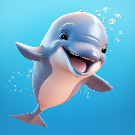 a close-up screenshot of a dolphin swimming in bubbles. this hd image features a unique style of character caricatures with realistic hyper-detailed rendering. the joyful and optimistic atmosphere is enhanced by the cartoonish character design. the image has a free-associative and booru-like quality. ai generatedの素材