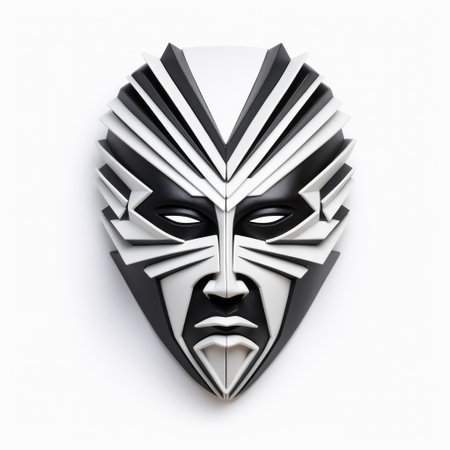 a 3d rendering of a tribal abstraction-inspired black and white mask is showcased on a white background. this mask, reminiscent of marvel comics and techno shamanism, exudes a unique blend of yankeecore and aluminum aesthetics. the congruent and theatrical depictions of this mask create a visually striking and captivating image. ai generatedの素材