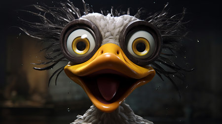 a lifelike 3d character of a duck with comical bulging eyes is depicted in this hyper-realistic sci-fi style photo. inspired by the barbizon school, the duck's intense emotions and subtle expressions are captured, while felt creations and overexposure techniques add texture and depth to the image. ai generatedの素材