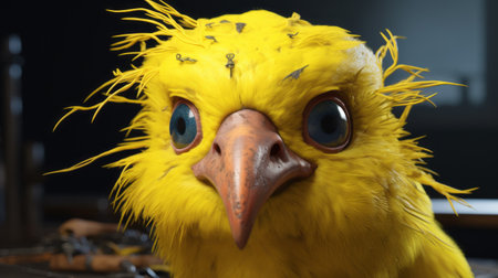 a lifelike 3d character of a canary with comical bulging eyes is depicted in this hyper-realistic sci-fi style photo. the intense emotion and subtle expressions, inspired by the barbizon school, bring the character to life. the use of felt creations and overexposure adds texture and depth to the image. ai generatedの素材