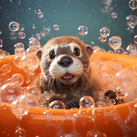 a little otter in a tub, creating bubbles with soap, captured in a vibrant and hyper-realistic style reminiscent of vray tracing. this photobash features characterized animals and showcases the lively and playful nature of the otter. a contest winner for its exceptional portrayal. ai generatedの素材