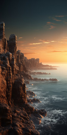 the moon hangs in the sky, surrounded by the vast ocean, creating a mesmerizing scene reminiscent of sci-fi environments. the image showcases intricate greeble details, delicately rendered landscapes, and crystalline and geological forms. it evokes the artistic styles of mars ravelo and naturalistic cityscapes, reminiscent of perry rhodan's world. ai generatedの素材