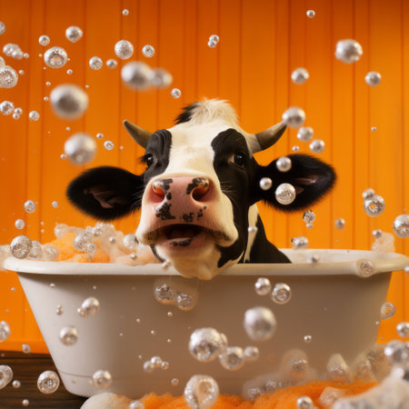 a cartoon cow, in the style of samyang 14mm f2.8 if ed umc aspherical lens, is captured inside a bathtub filled with bubbles. the vibrant orange and black colors add a playful touch to this studio photograph. the smooth and polished appearance of the cow creates an irreverent collage that embraces the cottagecore aesthetic. ai generatedの素材