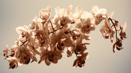an orchid gracefully rises against a luminous backdrop, reminiscent of vintage sepia-toned photography. this stunning image, created in unreal engine, showcases the radiant clusters of the flower. emmanuelle moureaux's artistic touch is evident in the juxtaposition of light and shadow, resulting in a mesmerizing play of luminous shadowing. the delicate beauty of the orchid is beautifully captured, as it appears to be made entirely ofの素材