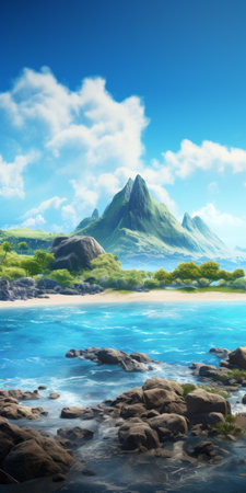an animated lake scene featuring majestic mountains, lush trees, and rugged rocks. this artwork captures the essence of enigmatic tropics, with hyperrealistic marine life and en plein air beach scenes. inspired by the works of hayao miyazaki, it showcases detailed skies and is rendered in high resolution. ai generatedの素材