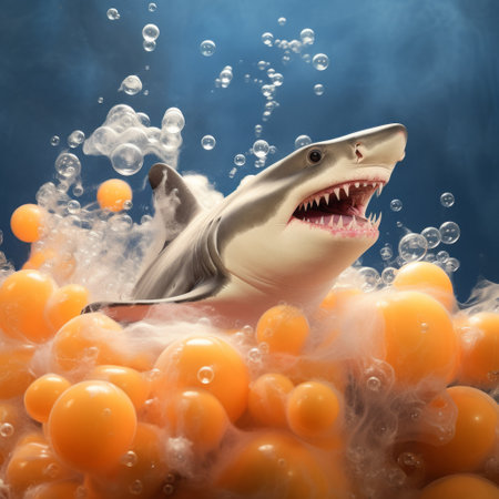 a jaw shark swims in the water, balancing two eggs on its head. the artwork showcases a dynamic action painting style, combining meticulous photorealistic still lifes with light white and light orange hues. the composition includes celebrity and pop culture references, illuminated by softbox lighting. the result is a hauntingly beautiful illustration with a touch of motion blur. ai generatedの素材