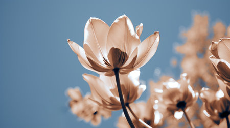 a photo of flowers showcasing a variety of colors, including dark sky-blue and light beige. the image is rendered using ray tracing and has a sepia tone. it is a high-resolution uhd image, capturing the fine lines and delicate curves of the flowers. the color palette consists of light sky-blue and bronze tones. the photo is inspired by the style of eero saarinen. ai generatedの素材