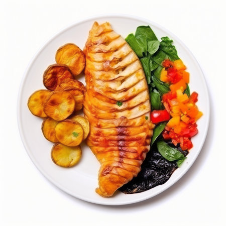 grilled and crispy fried fish with potatoes and spinach, presented in a style of colorful curves and bold black lines. this captivating associated press photo by kimoicore and manapunk showcases the glossy finish of the dish, making it even more enticing. ai generatedの素材