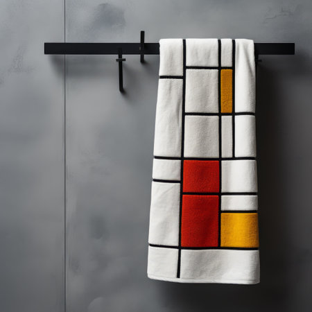 a towel with vibrant colors of yellow, brown, and red is seen hanging on a wall. the towel's design is reminiscent of black and white abstraction, minimalist grids, and stained-glass art. it showcases the influence of artists like georg jensen and dariusz klimczak, as well as the beauty of handcrafted objects. the towel's colors are vivid and eye-catching, adding a touch of colorized charm toの素材