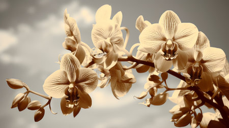 a white and yellow orchid, captured in a vintage sepia-toned style, rests gracefully on a branch. this 8k 3d photograph showcases detailed skies, while the jewelry created by painters and sculptors adds an artistic touch. the trace monotone effect creates mesmerizing optical illusions, enhanced by the monochromatic shadows. ai generatedの素材
