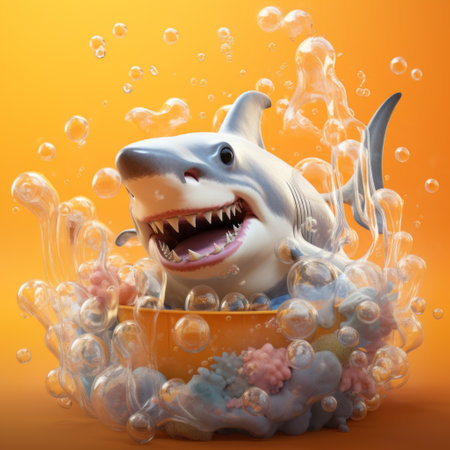 an underwater shark, captured in a hyper-realistic still life style, is enclosed within a blue bubble surrounded by playful bubbles. the composition features light tones of white and orange, creating a playful chaos. the shark's design is characterized by a playful and sculpted appearance, with a touch of motion blur, adding to the overall dynamic feel of the image. this photo embodies the concept ofの素材
