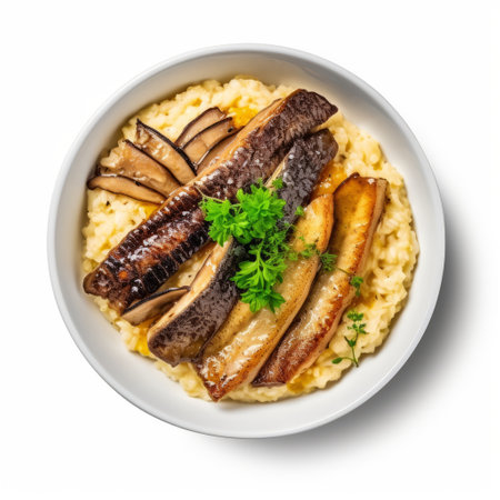 mushroom ragu with risotto, captured in a fish-eye lens style, is showcased on a clean white background. the image features a larme kei aesthetic with a color palette of dark gray and light gold. the composition is tapestry-like, elongated, and incorporates a harmonious blend of natural and man-made elements in shades of dark white and beige. ai generatedの素材