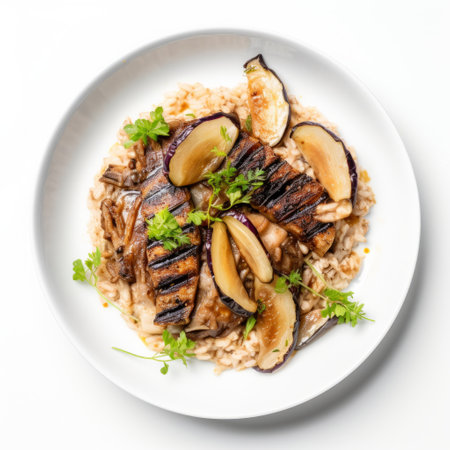 a plate featuring a visually striking composition of chicken, rice, and figs. this digitally enhanced image showcases a unique snailcore aesthetic, with a combination of light brown and light black tones. the elements are skillfully cut and pasted together, creating an organic form reminiscent of provia. the overall presentation exudes a captivating applecore vibe. ai generatedの素材