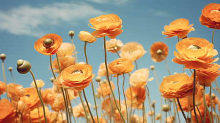 a row of vibrant orange flowers blooms gracefully in a field, creating a captivating sight. the flowers, with their dreamy romanticism, are captured in a photorealistic rendering. the image, reminiscent of flickr's aesthetic, showcases the beauty of nature. the kinetic installations of light sky-blue and light beige add a touch of whimsy. the close-up shot highlights the delicate details in shades of light yellow andの素材