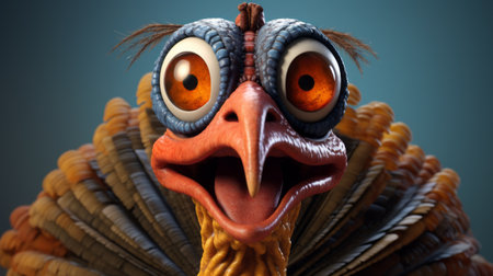 a lifelike 3d character of a turkey with comical bulging eyes is depicted in this hyper-realistic sci-fi style photo. inspired by the barbizon school, the turkey's intense emotions and subtle expressions are captured, while felt creations and overexposure techniques add texture and depth to the image. ai generatedの素材
