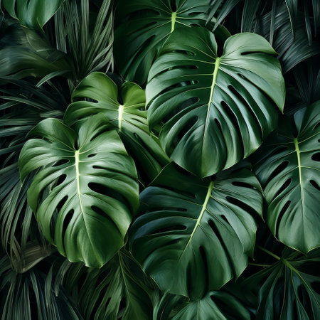 green monster leaves, reminiscent of vicente romero redondo's style, dominate a black background. these enigmatic tropics showcase spectacular backdrops with bold lines and vibrant colors. the use of kodak plus-x film adds a touch of photorealistic detail to this stylized yet realistic composition. ai generatedの素材