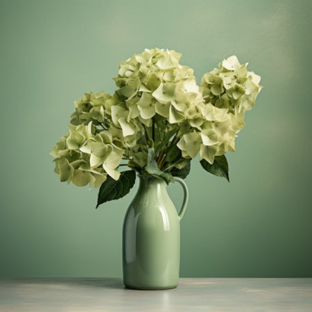 a green vase with white flowers is showcased in this photorealistic rendering. the image boasts an impressive 8k resolution, capturing the intricate details of the subject. the subdued colors create a calming atmosphere, while the bold chromaticity adds a touch of vibrancy. the post-processing and photo-realistic techniques used enhance the overall realism of the image, resulting in soft and captivating colors. ai generatedの素材