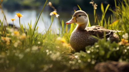 a duck gracefully rests in the lush grass near the tranquil water, captured in a romantic soft focus and bathed in ethereal light. this stunning photograph showcases the vibrant use of light and shadow, creating an explosive pigmentation that is reminiscent of the bloomcore style. with its charming characters and impeccable composition, it's no wonder this national geographic contest winner captivates viewers. ai generatedの素材