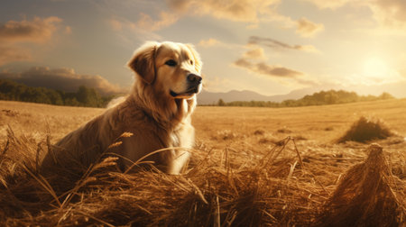 wolf dog and golden retriever hunting in a serene pastoral field. this hd wallpaper captures the essence of caras ionut's style with its wimmelbilder-like scene. the kodak gold tones and thick brushstrokes give it a sculpted, soft-edged look. perfect for nature lovers and art enthusiasts alike. ai generatedの素材