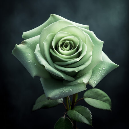 a green rose with water drops is showcased against a black background, creating a striking contrast. the photo is captured in a style that combines light gray and light emerald tones, resulting in a high level of detail. with subtle color variations, this gothic romanticism-inspired image is beautifully rendered using vray technology, reminiscent of a national geographic photo. ai generatedの素材