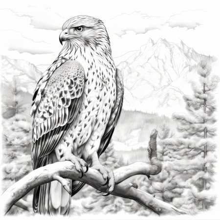 a hawk art and greeting cards featuring a doodle art sketchbook with realistic hyper-detailed rendering. the trace monotone captures the beauty of mountainous vistas, showcasing highly detailed realism. this digital airbrushing technique adds depth and texture to the artwork, making it a perfect choice for unique and captivating greeting cards. ai generatedの素材