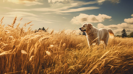 a golden retriever dog stands gracefully in a lush green grass field, captured in the style of atmospheric landscapes. this uhd image showcases the beauty of nature and the majestic presence of the dog. with elements reminiscent of wimmelbilder and national geographic photography, it evokes a sense of the romanticized country life and the aesthetics of the farm security administration. ai generatedの素材