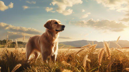 a golden retriever dog stands in a field, captured in the style of farm security administration aesthetics. the photo showcases vray tracing and backlit photography techniques, reminiscent of national geographic's photo-realistic approach. the soft, romantic landscapes and impressive skies add to the overall beauty of the image. ai generatedの素材