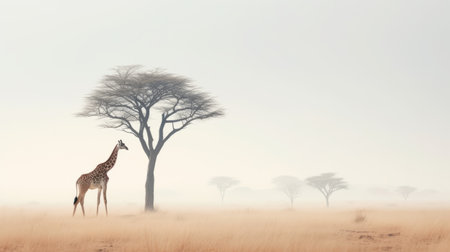a giraffe peacefully rests beneath a tree during a foggy daytime. this captivating photograph, captured in the style of layered and atmospheric landscapes by mike winkelmann, showcases impressive panoramas and evocative landscapes. the soft color fields enhance the majestic figure of the giraffe, creating an exotic and mesmerizing scene. ai generatedの素材