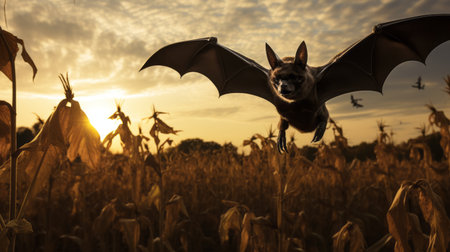 flying bats soar through a corn field at sunset, captured in a characterful animal portrait style. this photo showcases the dramatic lighting and realistic still life composition. with elements of sketchfab and pop culture references, the image is rendered using photo-realistic techniques, resulting in an eerily realistic and captivating backlit photography. ai generatedの素材
