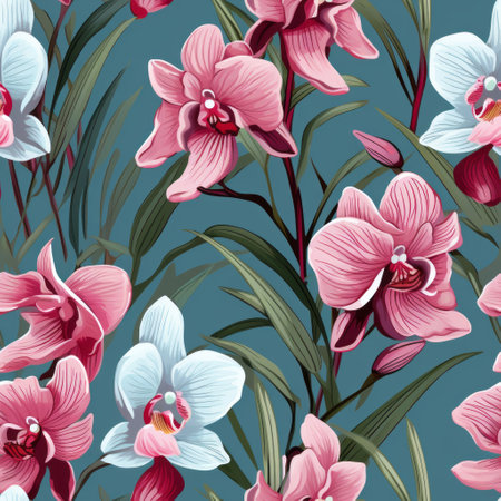 seamless pattern featuring a pink orchid designed in the shape of leaves, set against a blue floral background. inspired by the artistic style of prudence heward, the pattern showcases a combination of light turquoise and light maroon hues. captured using ferrania p30 film, the design exhibits detailed realism with a dark cyan and white color scheme. the high-contrast shading adds depth to the composition, whileの素材