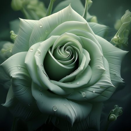a wallpaper featuring a realistic and hyper-detailed rendering of green roses. created using zbrush, this artwork showcases ethereal surrealism and monochromatic aesthetics. the ethereal illustrations and sharp focus of the digitally enhanced image make it a captivating choice for your wallpaper. ai generatedの素材