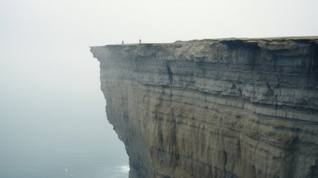a man stands near the ocean on the rocks of a fjord, creating an ethereal and ghostly scene. this national geographic photo captures the odd juxtapositions of nature and human presence. the danish design of the cliff adds to the dusty piles of rocks, creating a mesmerizing composition. shot with a pentax 645n, this photo is a stunning 4k image. ai generatedの素材